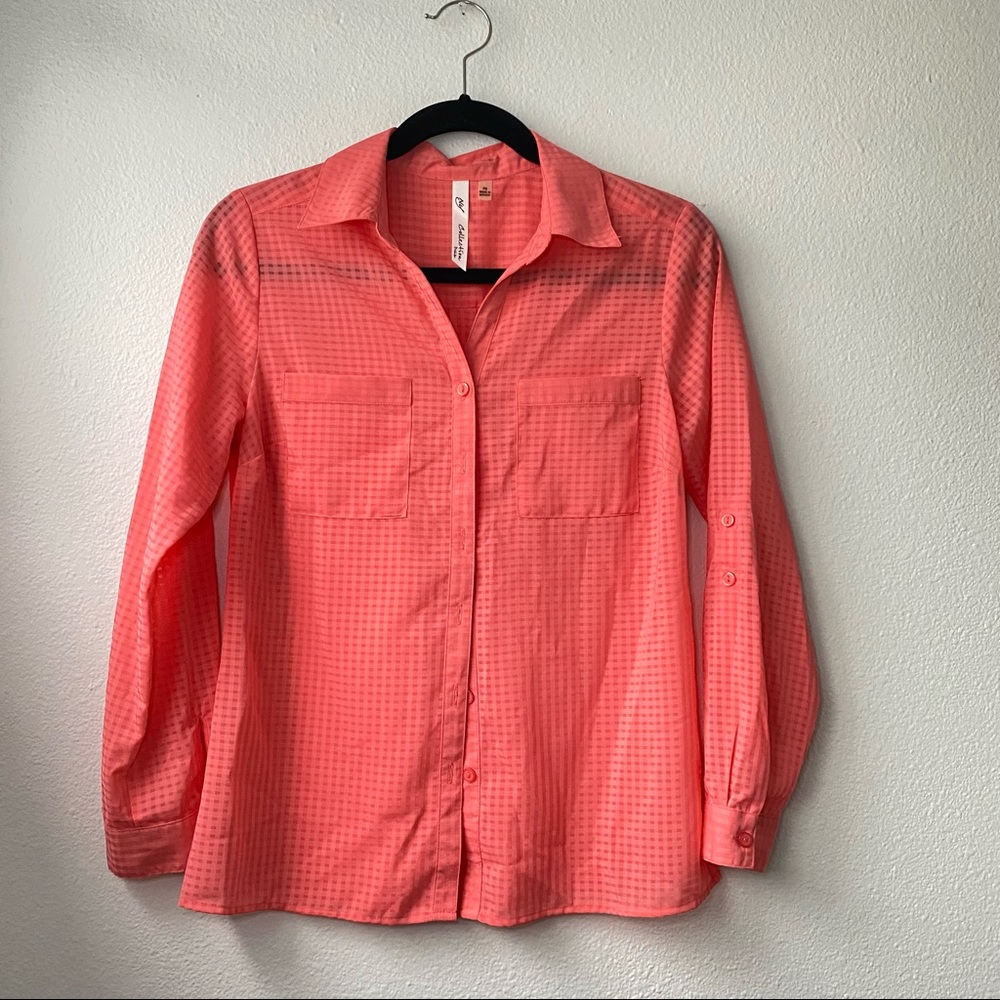 001. Coral pink checkered pink sheet button down top blouse